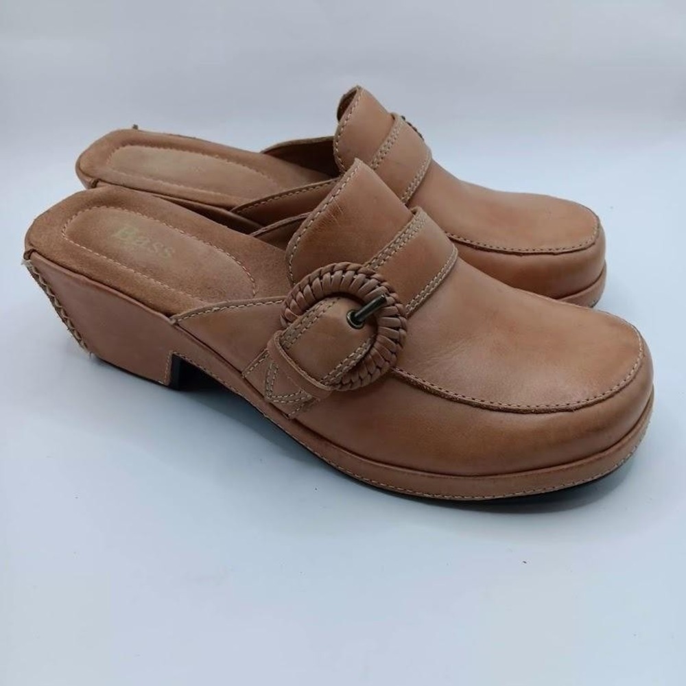Bass Clover Shoes Womens Size 8M Tan Leather Slip On Clogs Heels Comfort Buckle - Picture 2 of 10